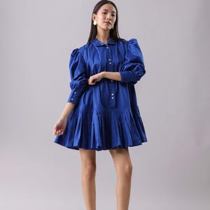 Pleats Shirt Dress, Royal Blue cotton-satin dress, Elegant Mini Dress, Blue Dress, Full-Sleeve fancy dress, Summer mini dress