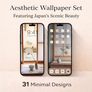 以下が含まれることがあります： 日本の美しい風景をフィーチャーした、2つのスマートフォン用美的壁紙。1つは花瓶とボウルを表示し、もう1つはアプリのアイコンを表示します。「Aesthetic Wallpaper Set」と「31 Minimal Designs」の文字。