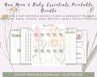 New Mom and Baby Printable Bundle | Floral & Minimalist Trackers | Baby Logs, Bingo, Feeding, Sleep, Routine + More | Instant Download