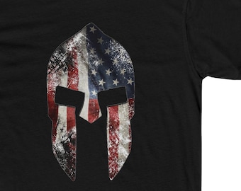 American Flag Spartan Helmet T-Shirt | Patriotic Men’s Graphic Tee | USA Warrior Premium Fit Cotton Shirt | Military Veteran Gift