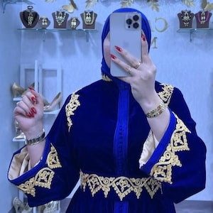 Royal Blue Moroccan Velvet Kaftan | Gold Embroidered Takchita Dress | Eid, Wedding, Party Abaya | Modest Handmade Fashion