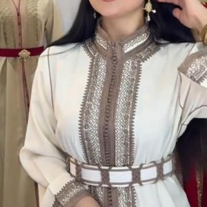 Handmade Moroccan Caftan | Elegant White & Brown Embroidered Takchita | Traditional Wedding Dress | Modest Kaftan for Women