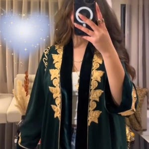 Handmade Moroccan Velvet Kimono with Gold Embroidery | Open Abaya Robe | Elegant Caftan Kimono for Women | Modest Fashion