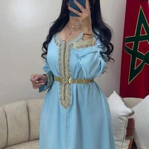 Handmade Moroccan Caftan | Sky Blue Takchita Dress | Embroidered Wedding Kaftan | Traditional Eid Outfit | Arabic Formal Wear