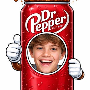 May include: A cartoon illustration of a red Dr Pepper soda can with a smiling boy's face in the center. The can has white gloves and a thumbs-up gesture. The soda is splashing out with ice cubes.