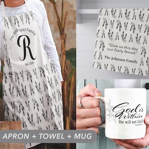 May include: A set including an apron, a tea towel, and a mug. The apron has a family name and initial. The tea towel has a floral pattern and a quote. The mug has a floral design and the words "God is Within".