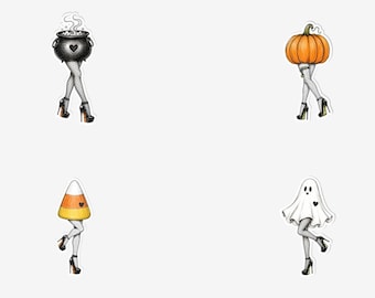 Pinup Halloween Characters Sticker Sheets | Pumpkin Ghost Candy Corn Cauldron