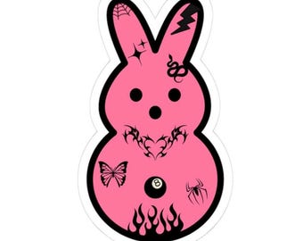 Pink Punk Bunny sticker | Kiss-cut vinyl decal, spooky kawaii, flame & tattoo designs