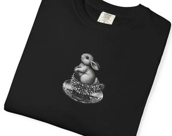Vintage Bunny Tea Cup T-Shirt | Monochrome Illustration Graphic Tee