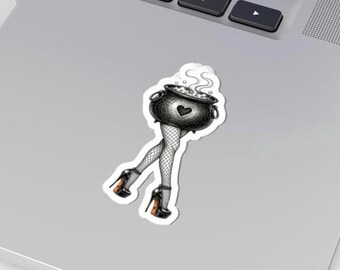 Witch Cauldron with Fishnet Legs Kiss-Cut Sticker | Spooky Pinup Art