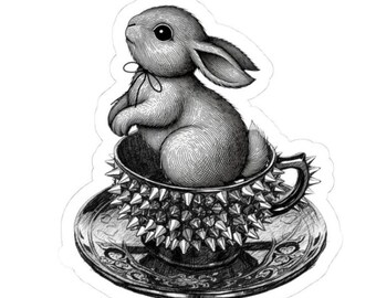 Gothic Bunny in Teacup Kiss-Cut Stickers | Black White Illustration