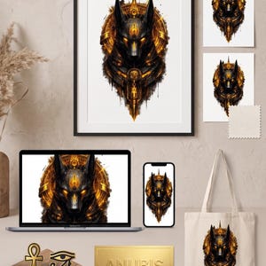 Puede incluir: Descarga digital del paquete de artefactos dorados de Anubis. La imagen presenta una impresión enmarcada, impresiones, una computadora portátil, un teléfono, una bolsa de mano y una placa dorada, todos con un diseño de Anubis negro y dorado. También se incluyen pines dorados de Anubis y Ojo de Horus.