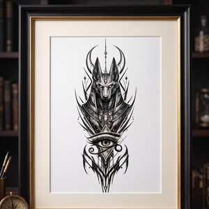 Könnte beinhalten: Gerahmter Schwarz-Weiß-Kunstdruck mit Anubis und Horus mit Elementen der heiligen Geometrie. Das Kunstwerk zeigt ein Augensymbol und komplizierte Details vor weißem Hintergrund. Der Rahmen hat einen goldenen Innenrand.