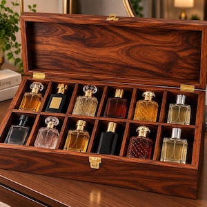 Caja de perfume de madera premium personalizada, organizador de madera para 12 frascos con compartimentos para guardar fragancias.