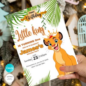 Bewerkbare Little King-verjaardagsuitnodiging | Jungle-babyshoweruitnodiging | Sjabloon Lion Cub-feestje | Canvakaart 1e verjaardag