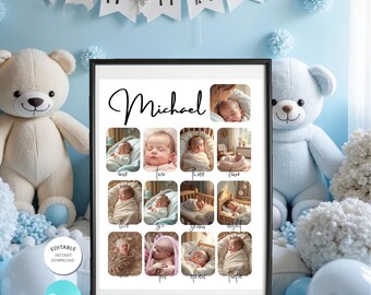 Baby First Year Photo Collage: 1st Birthday Milestone Poster (Canva Editable, Digital Download)
