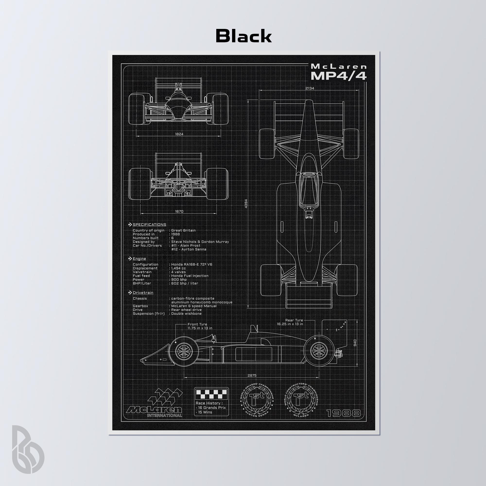 Mclaren MP4/4 Blueprint Poster: Senna Formula 1 Car Art (digital