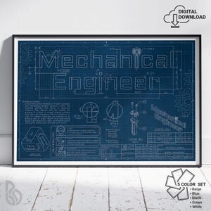 Mechanical Engineer Blueprint Drawing | Digital Print, Printable, Wall Art, Gifts, STEM, Drawing, Engineering Poster | Instant Download