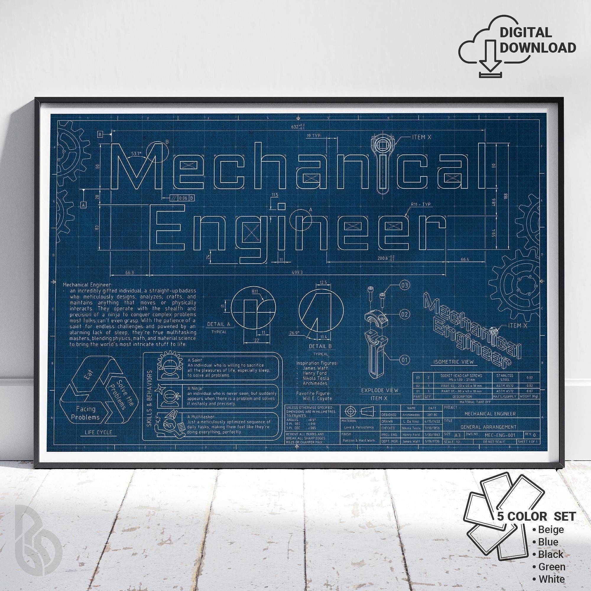 Mechanical Engineer Blueprint Art Print: STEM Gift (digital Download ...