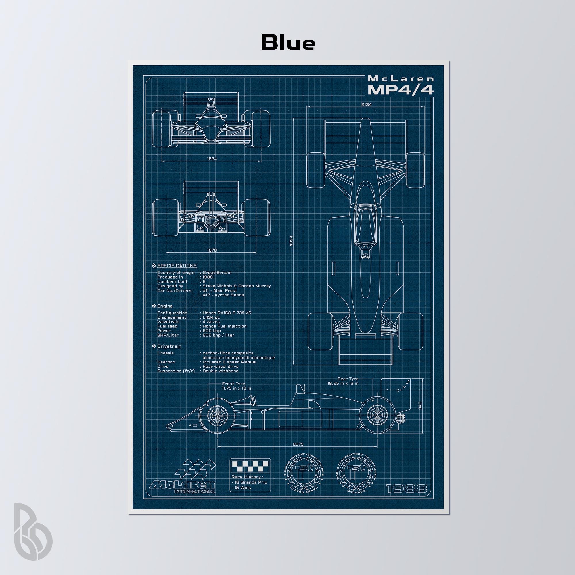 Mclaren MP4/4 Blueprint Poster: Senna Formula 1 Car Art (digital