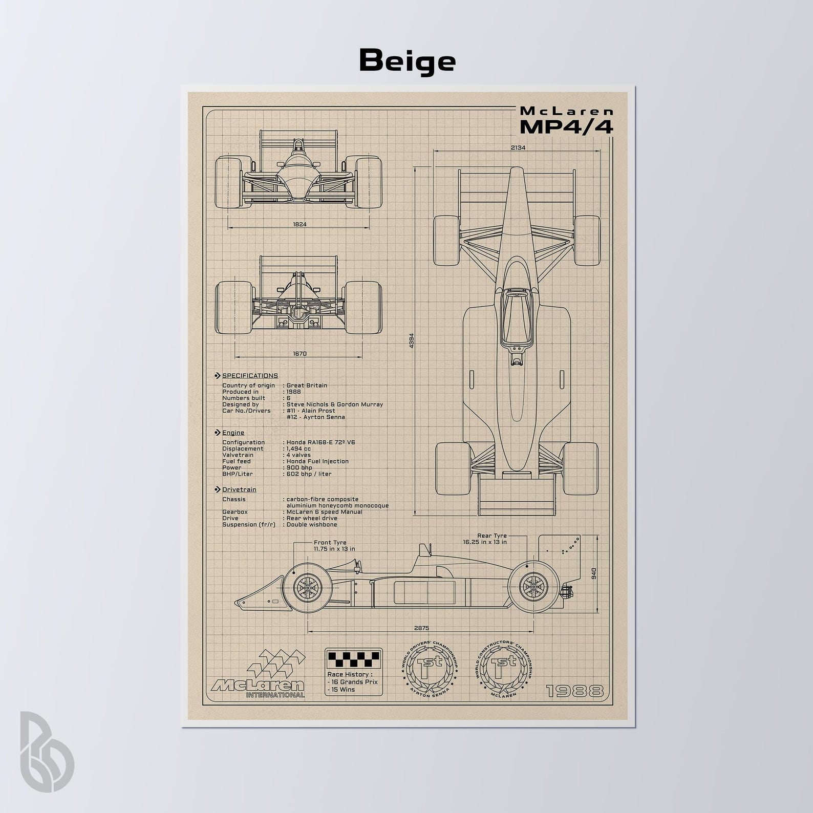 Mclaren MP4/4 Blueprint Poster: Senna Formula 1 Car Art (digital