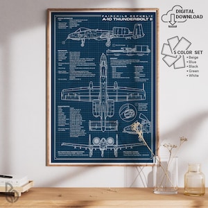 May include: A framed blueprint-style print of the Fairchild Republic A-10 Thunderbolt II aircraft. The print is on a blue grid background with white detailed schematics and text. The print includes the text "DIGITAL DOWNLOAD" and a "5 COLOR SET" option.