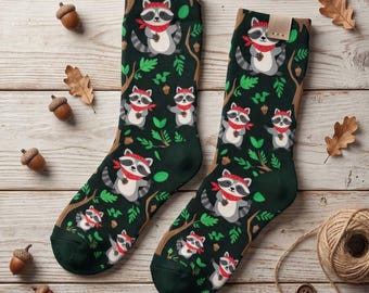 Custom Raccoon Forest Crew Socks, Personalized Wildlife Animal Socks