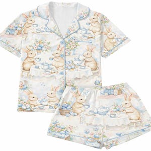 Bunny Tea Party Satin Pajama Set: Floral Short Sleeve Loungewear bild 1