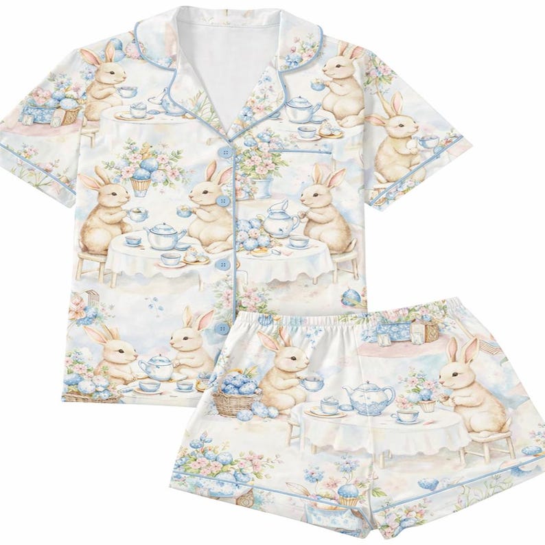 Bunny Tea Party Satin Pajama Set: Floral Short Sleeve Loungewear bild 1