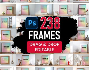 May include: A collection of 238 frames, each displaying a mockup design. The frames are in various styles and sizes, with the text "MOCKUP" visible on each. The image also includes the text "238 FRAMES", "DRAG & DROP", and "EDITABLE".