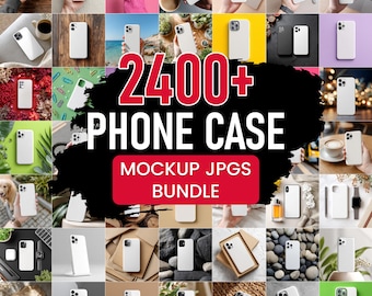 Mockup JPG-bundel met 2400+ telefoonhoesjes, in de hand gehouden en platliggende scènes