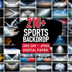 May include: A collage of sports-themed digital backdrops, featuring various stadium and arena scenes illuminated by bright spotlights. The image includes text that reads "210+ SPORTS BACKDROP" and "300 DPI - JPGS DIGITAL PAPER".