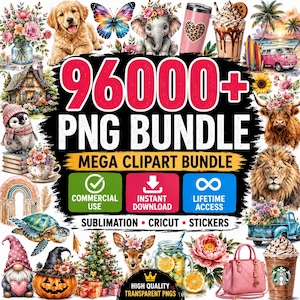 Ponad 96 000 pakietów przezroczystych obrazów PNG Premium, pakiet Mega Clipart, pliki PNG do użytku komercyjnego, projekty sublimacji, pakiet naklejek, grafiki na koszulki
