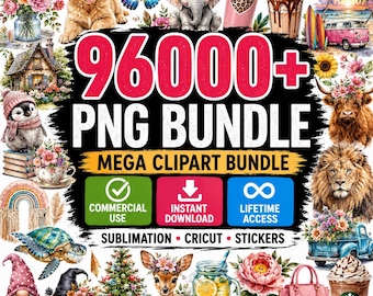 Pacote com mais de 96.000 PNGs transparentes premium, pacote gigante de clipart, PNGs para uso comercial, design para sublimação, pacote de adesivos, estampas para camisetas.