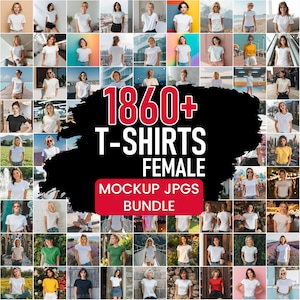 Pode incluir: Uma colagem de imagens mostrando mulheres em várias camisetas. O gráfico central exibe "1860+ T-SHIRTS FEMALE MOCKUP JPGS BUNDLE". As camisetas são de várias cores e designs, oferecendo uma variedade de estilos. As imagens são dispostas em formato de grade.