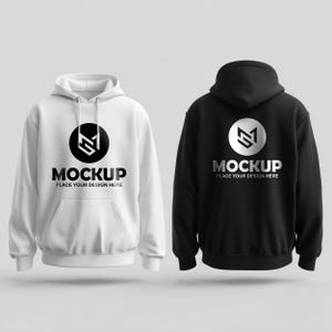 May include: A white hoodie with a front pocket and a black logo on the chest. The logo is a stylized letter "M" inside a circle, with the word "MOCKUP" below it. The back of a black hoodie is also visible, with a similar logo.