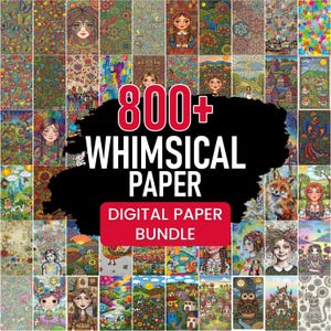 May include: A digital paper bundle featuring 800+ colorful, intricate illustrations. The collection includes diverse patterns, landscapes, stylized portraits of people, animals like foxes and owls, and village scenes with vibrant, multi-colored designs.