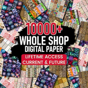 Puede incluir: Un collage de diseños de papel digital en varios patrones y colores, incluyendo galaxias, florales y camuflaje. La imagen presenta el texto "10000+ WHOLE SHOP DIGITAL PAPER" y "LIFETIME ACCESS CURRENT & FUTURE" en rojo y blanco.