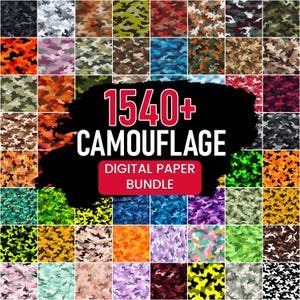 Puede incluir: Un paquete de papel digital con una variedad de patrones de camuflaje en varios colores, incluyendo naranja, verde, azul y morado. La imagen incluye el texto "1540+ CAMOUFLAGE DIGITAL PAPER BUNDLE".