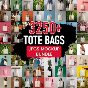 May include: A collection of tote bags in various colors and styles, displayed in a grid. The image features a red banner with the text "3250+ TOTE BAGS" and "JPGS MOCKUP BUNDLE".