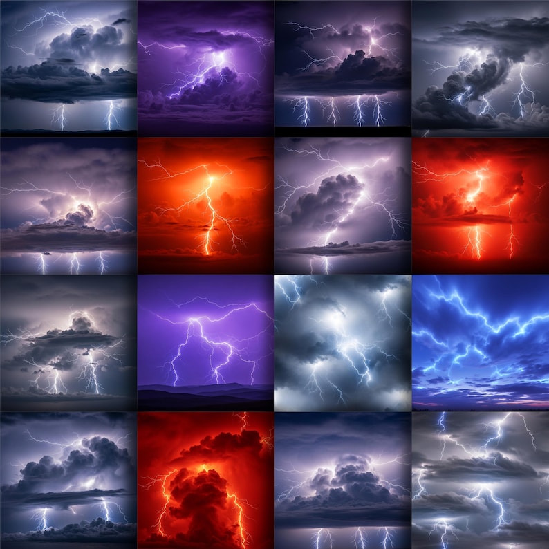 414 Lightning Storm Digital Paper Pack, Thunder Cloud Background Bundle ...