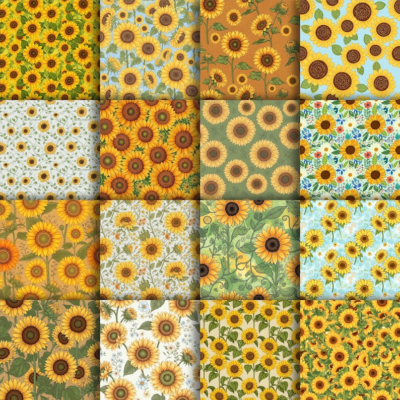 640 Sunflower Digital Paper Pack, Floral Seamless Background Bundle ...