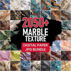 May include: A collection of marble textures in various colors, including blue, gold, green, and brown. The image features a grid of marble patterns with the text "2050+ MARBLE TEXTURE DIGITAL PAPER JPG BUNDLE" in red and white.