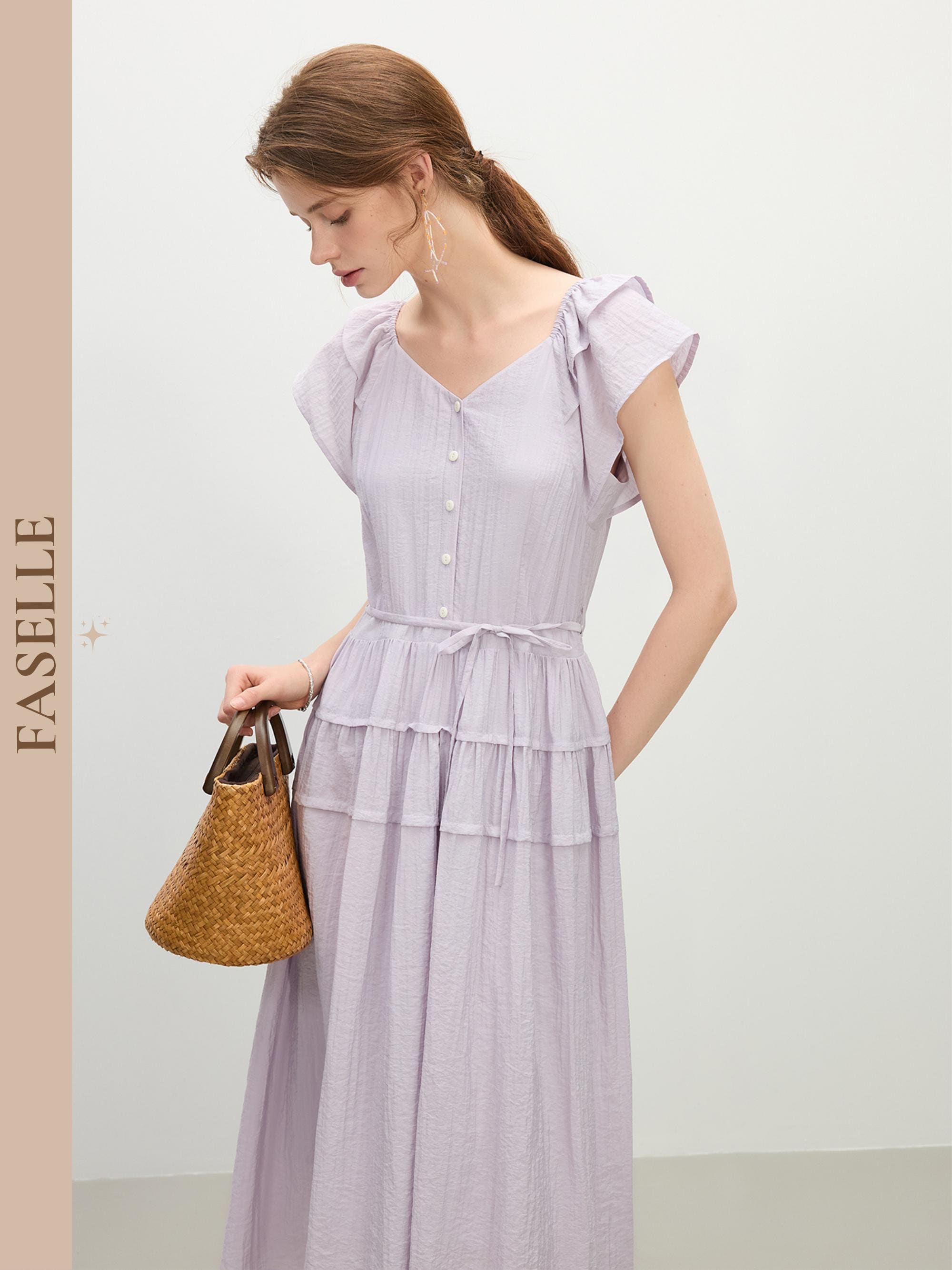 French-Inspired Square Neck Midi Dress – Elegant Summer A-Line Flutter Sleeve Dress for Women, Levander Midi Dress