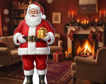 May include: A life-sized cardboard cutout of Santa Claus wearing a red suit with white fur trim, a black belt with a gold buckle, and black boots. Santa has a long white beard and is holding a small, square gold gift box with a ribbon.