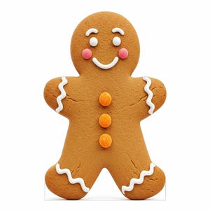 May include: A gingerbread man cookie with a smiling face, white icing details, and three orange candy buttons. The gingerbread man has pink cheeks and white icing eyes. The cookie is a light brown color.