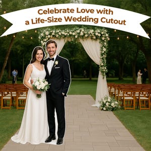 May include: A life-size wedding cutout featuring a smiling couple in formal attire, standing on a stone path. The bride wears a white gown and holds a bouquet. The groom is in a black tuxedo. The banner above reads "Celebrate Love with a Life-Size Wedding Cutout."