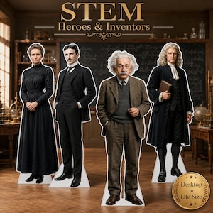 May include: Four cardboard standees of historical figures labeled STEM Heroes & Inventors. The figures include a woman in a black dress, a man in a black suit, Albert Einstein in a brown suit, and a man in a long coat holding a book.
