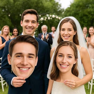 May include: A group of people at a wedding, with two people holding up large face cutouts of themselves. The bride wears a veil and a white dress. The groom wears a navy suit. Other guests are in the background.