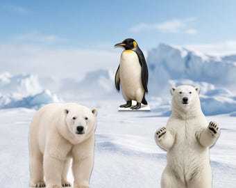 May include: Three animal cutouts: a penguin with black and white feathers and a yellow patch, and two polar bears. One polar bear stands on all fours, and the other stands upright with its paws raised. The background shows a snowy landscape with ice formations.